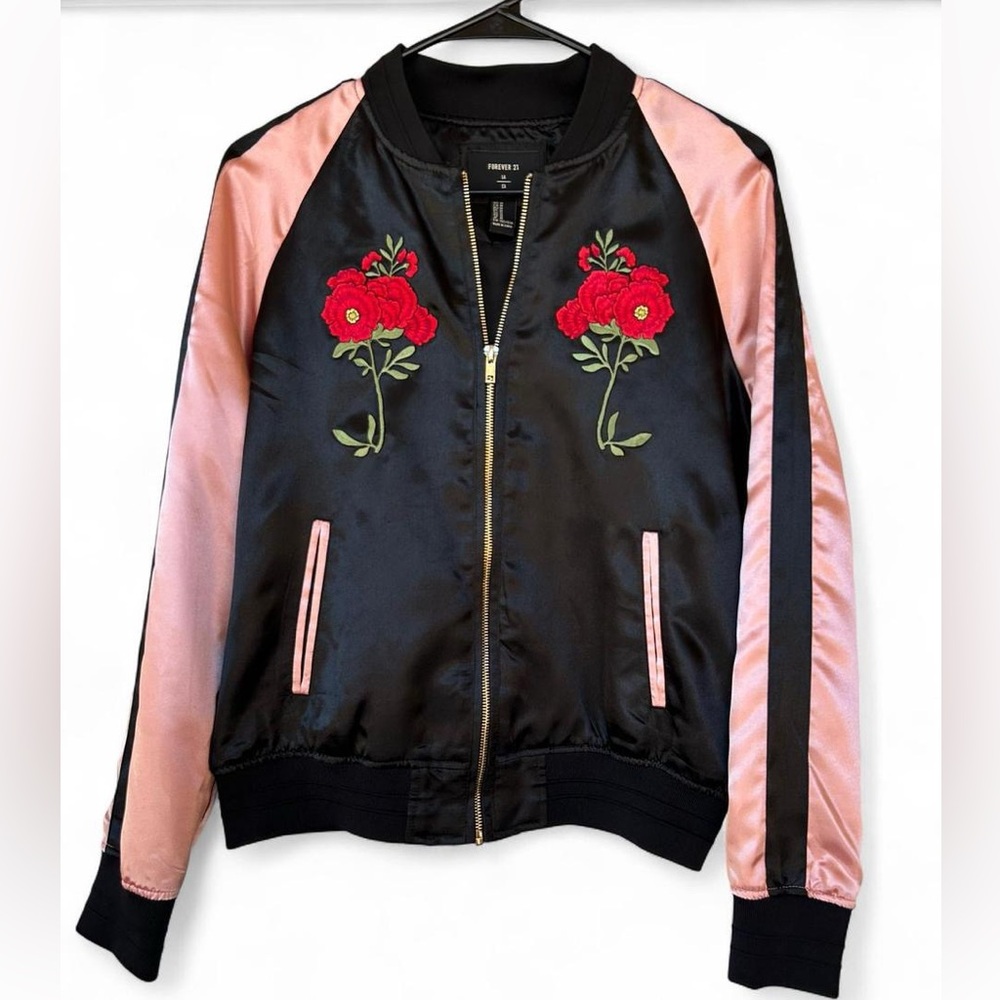 Forever 21 Black and Pink Floral Bomber Jacket